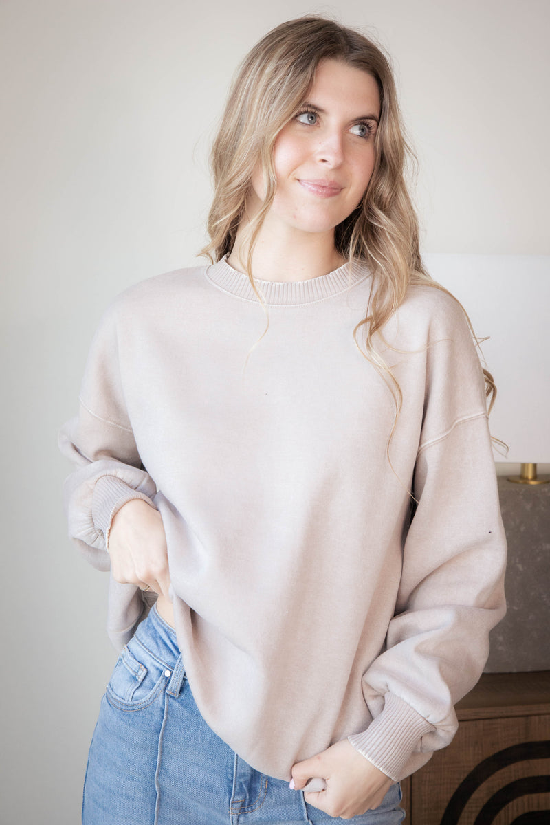 Stormi Acid Washed Fleece Pullover, Ash Mocha