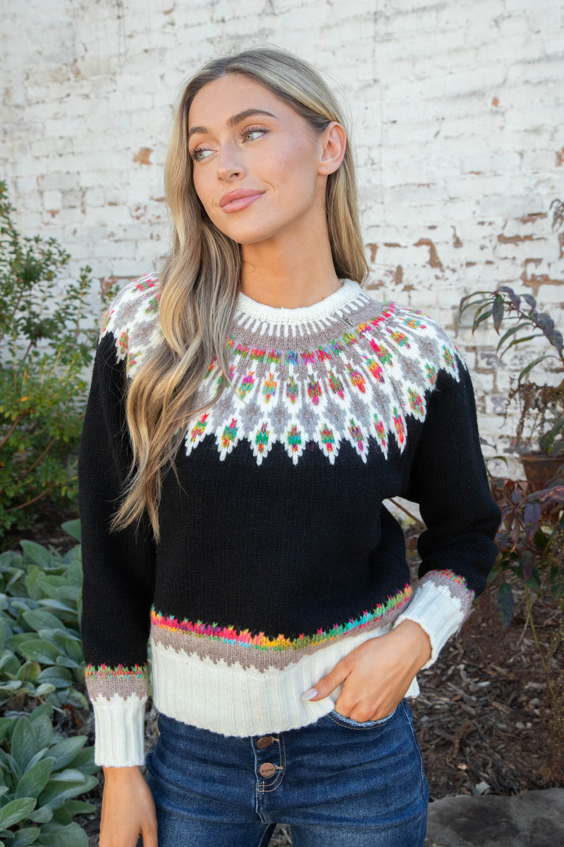 Bridget Fern & Feather Pattern Sweater, Black