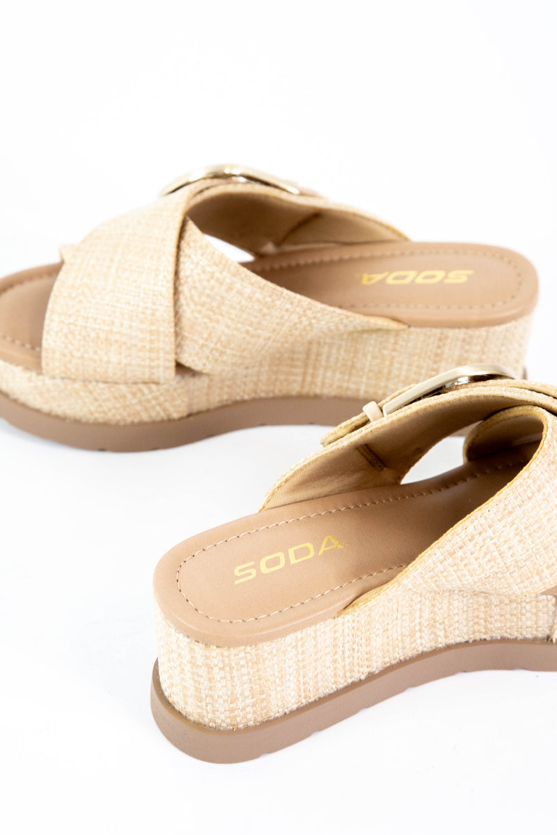 Ranger Buckle Detail Platform Slide, Natural Raffia