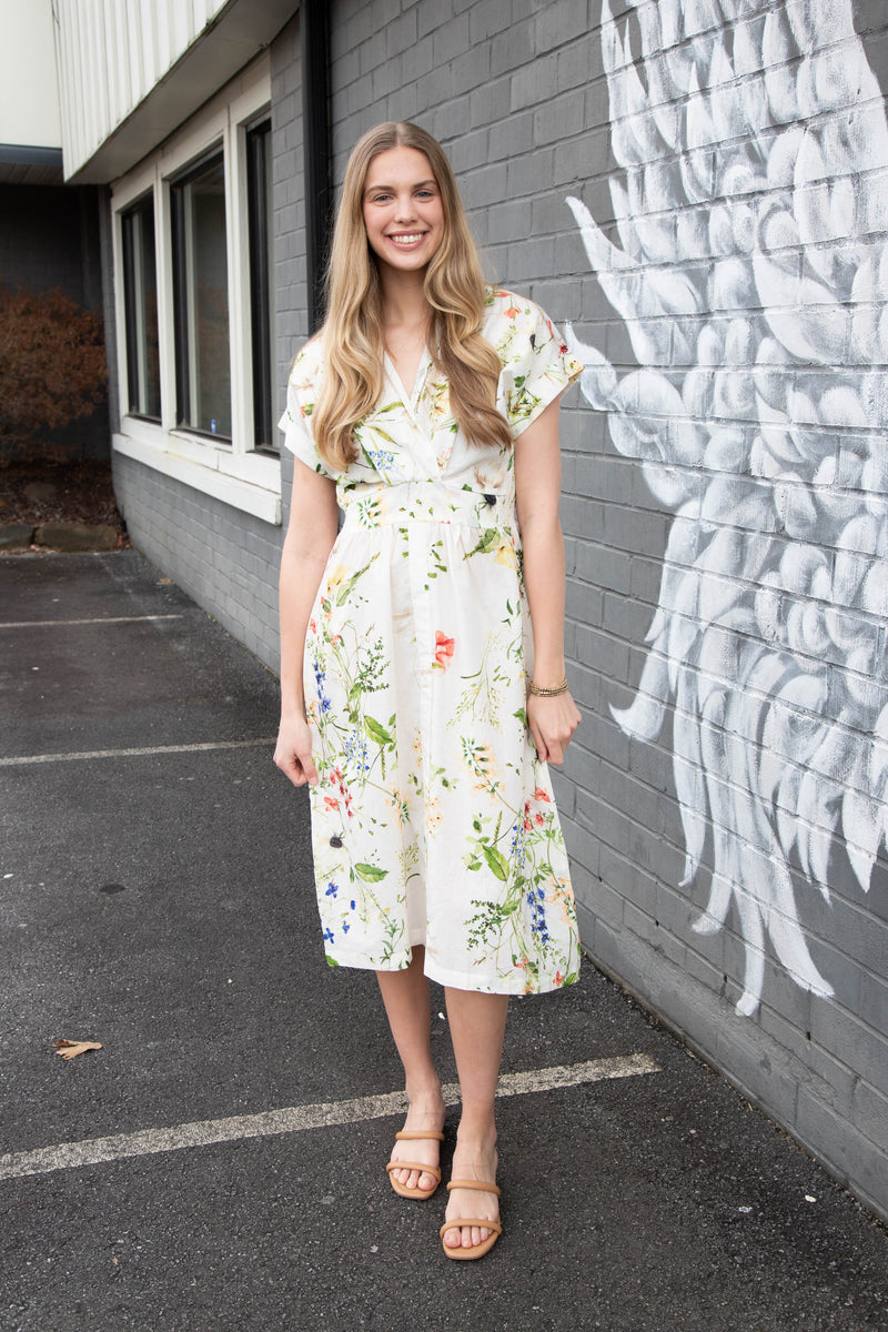 Adrienne Floral Print Midi Dress, Cream Mix