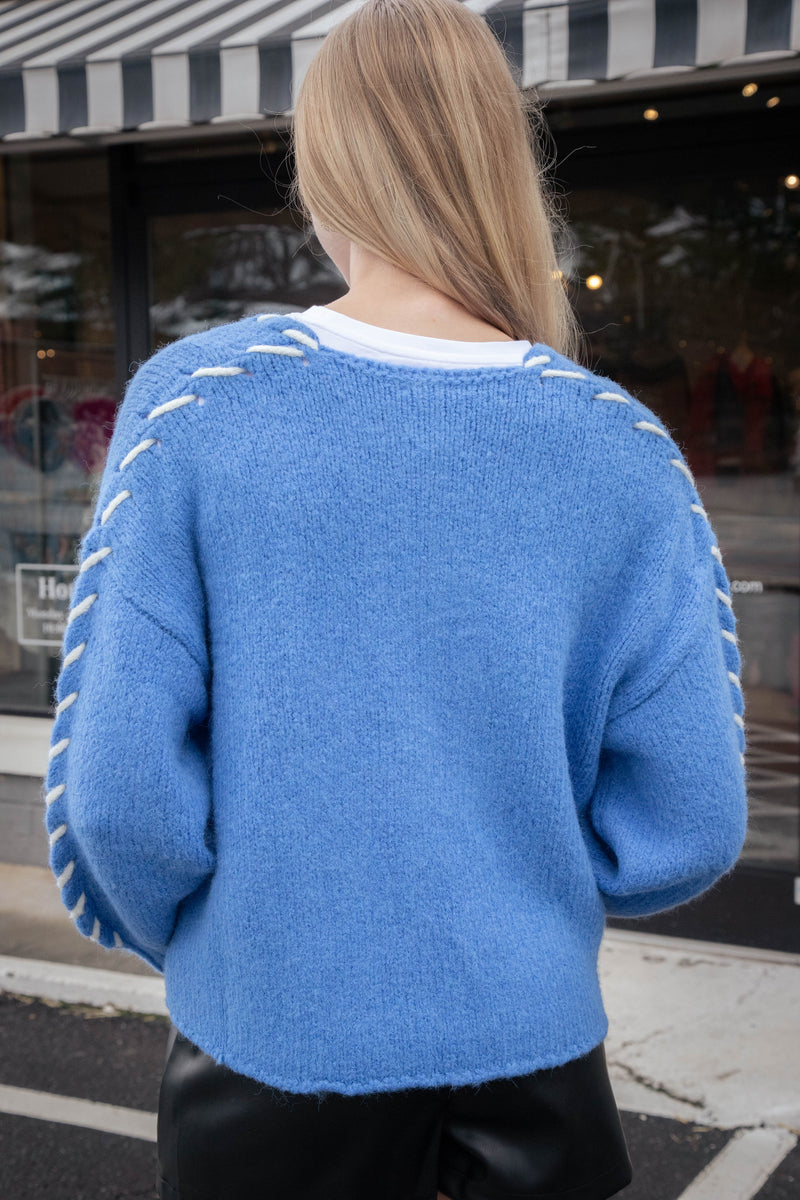 Tierney Stitch Detail Cardigan, Blue-White