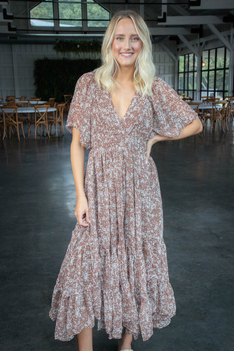 Amia Ditsy Floral Maxi Dress, Brown/Ivory Floral