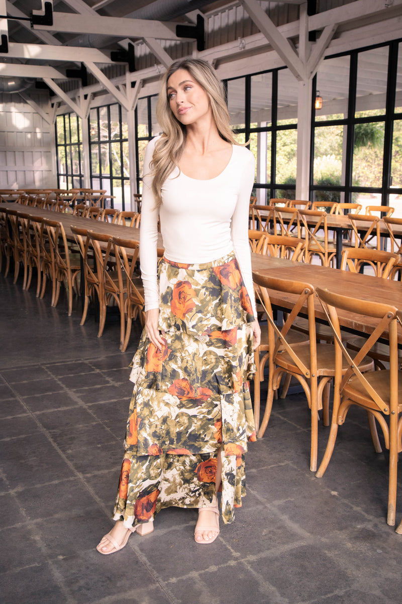 Jena Abstract Rose Maxi Skirt, Rust/Olive