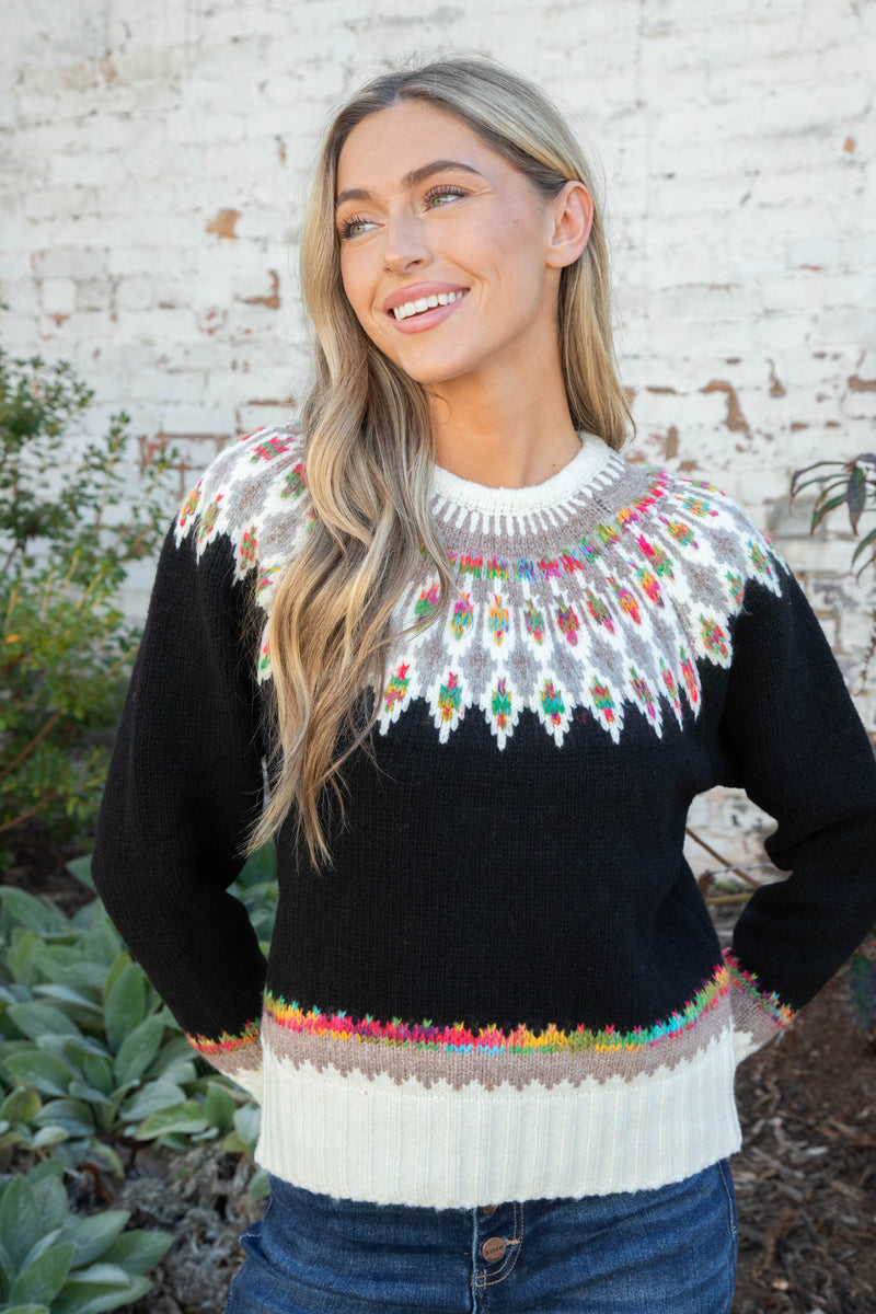 Bridget Fern & Feather Pattern Sweater, Black