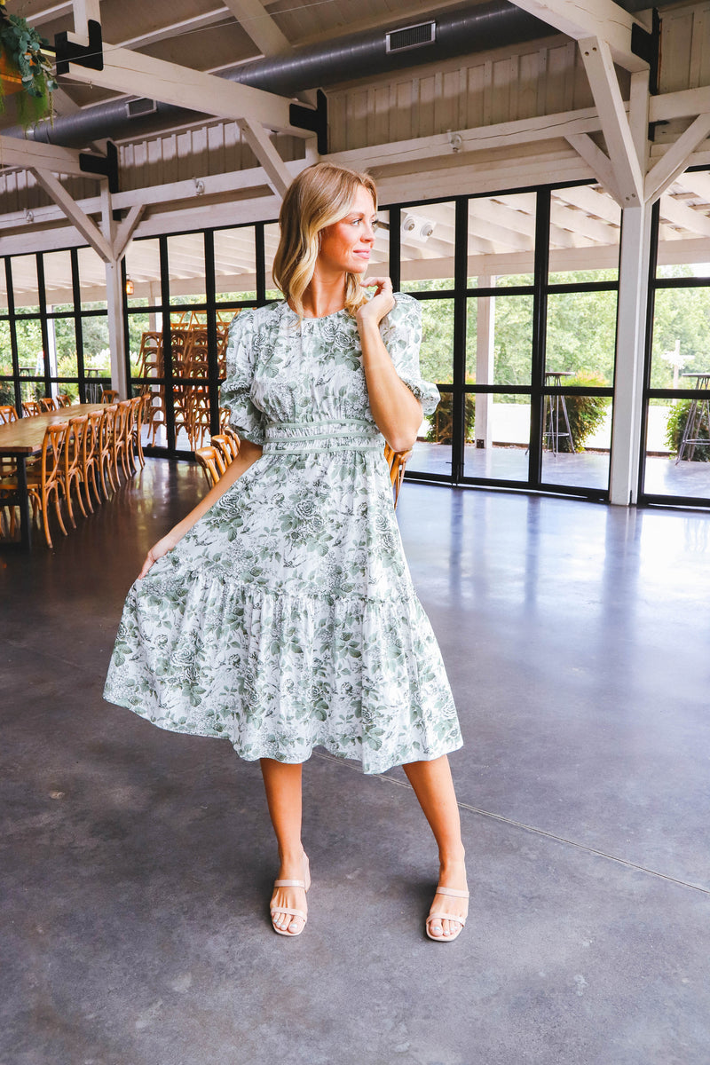 Brylee Floral Print Midi Dress, Sage Mix