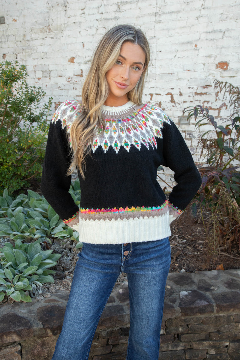 Bridget Fern & Feather Pattern Sweater, Black