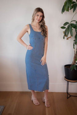 Jewel Washed Denim Bodycon Dress, Light Denim