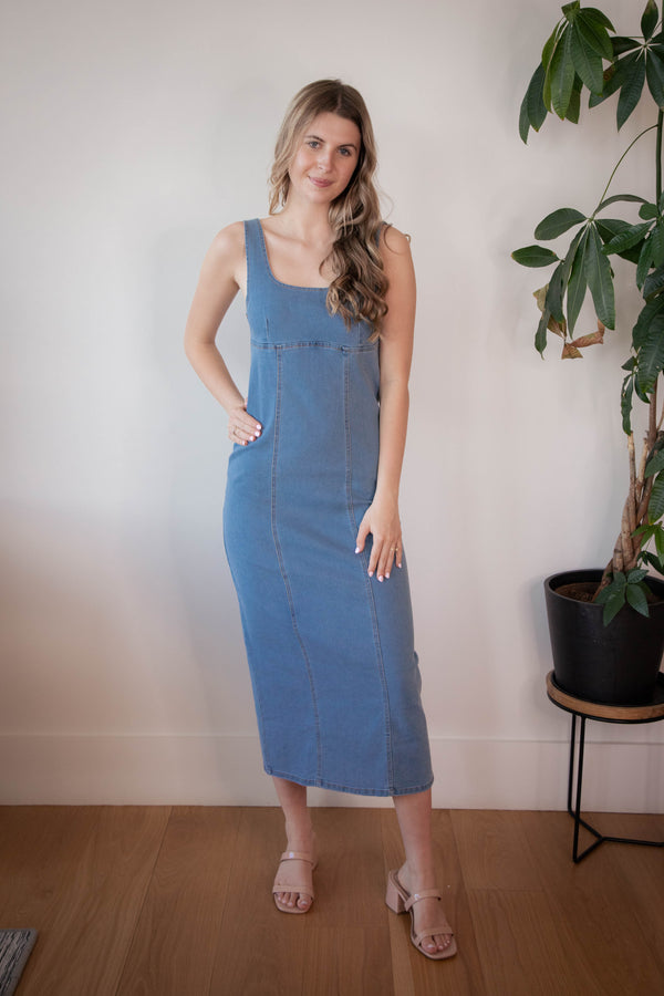 Jewel Washed Denim Bodycon Dress, Light Denim