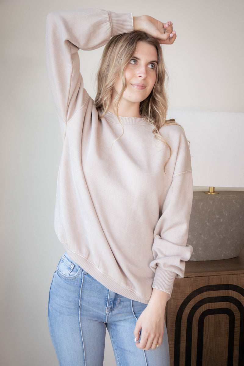 Stormi Acid Washed Fleece Pullover, Ash Mocha