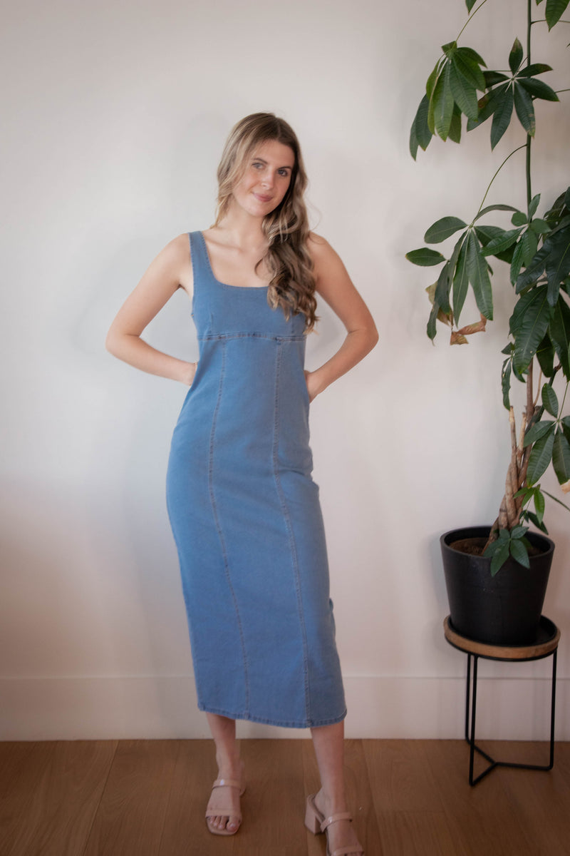 Jewel Washed Denim Bodycon Dress, Light Denim