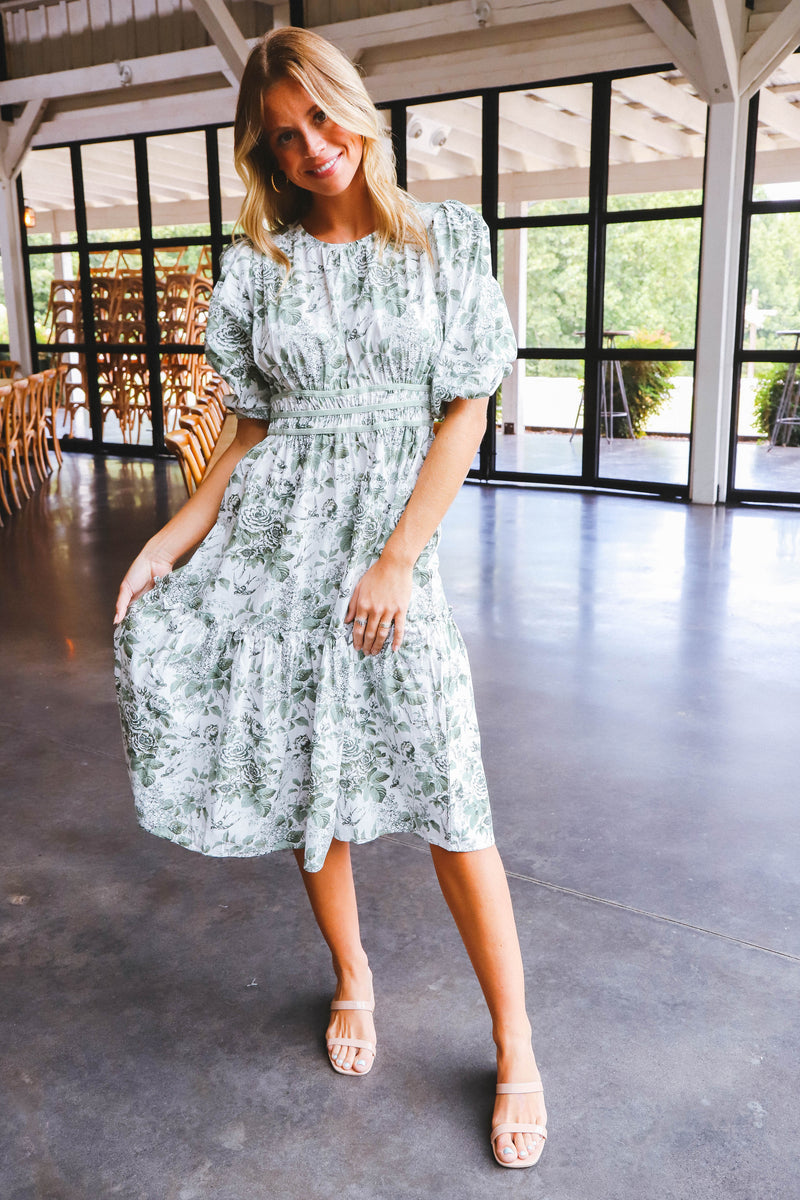 Brylee Floral Print Midi Dress, Sage Mix