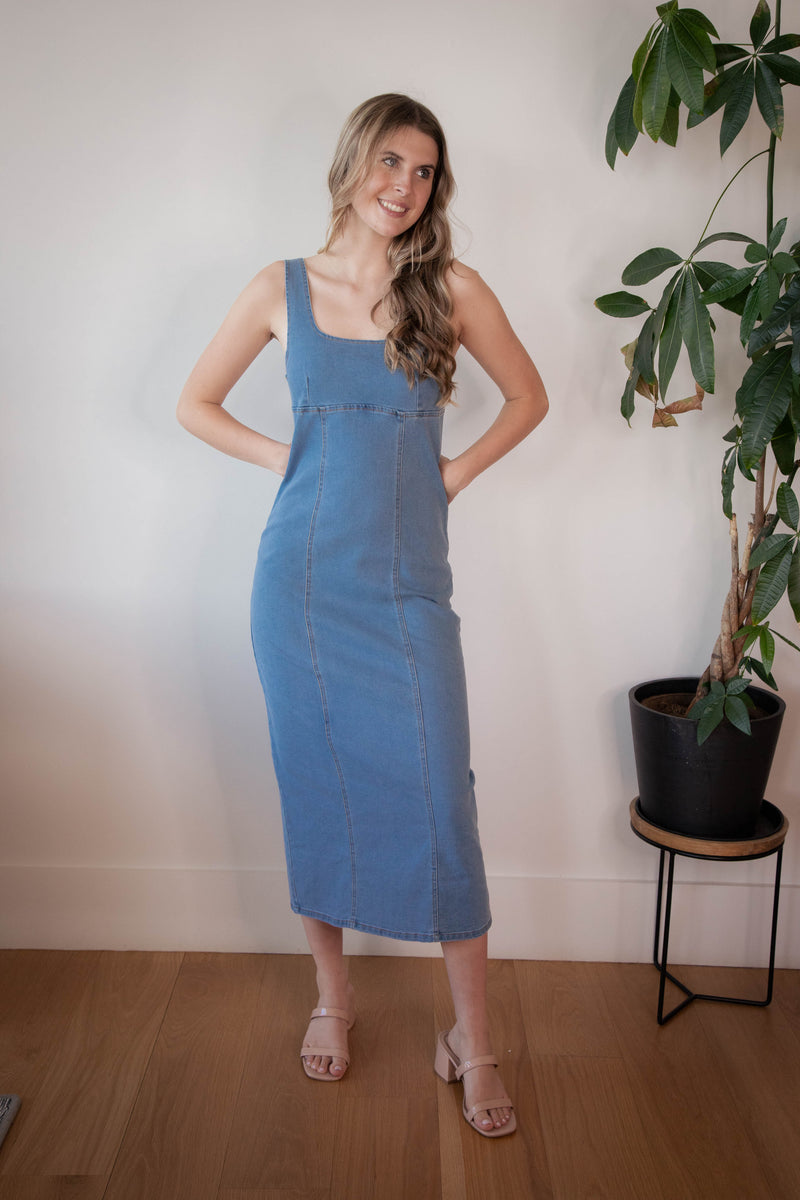 Jewel Washed Denim Bodycon Dress, Light Denim