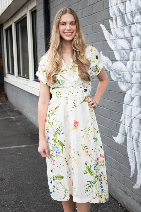 Adrienne Floral Print Midi Dress, Cream Mix