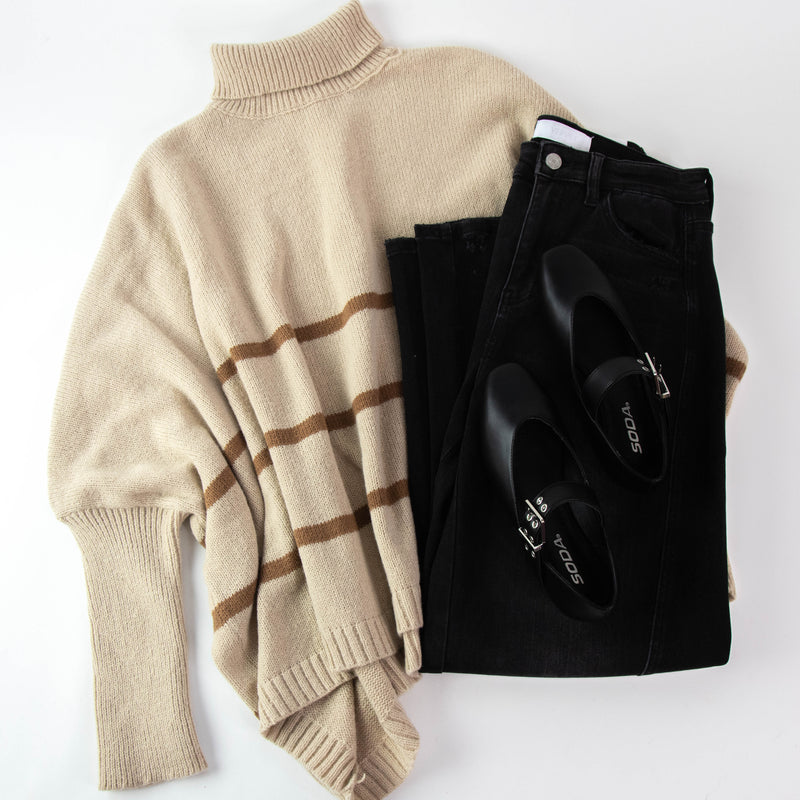 Anabel Striped Turtle Neck Sweater, Light Taupe