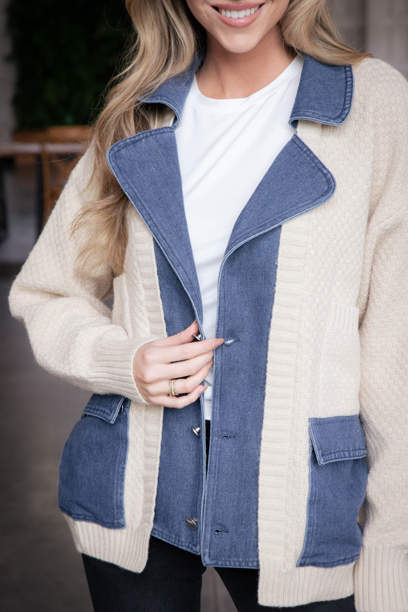 Cindy Denim & Sweater Contrast Jacket, Ivory/Denim