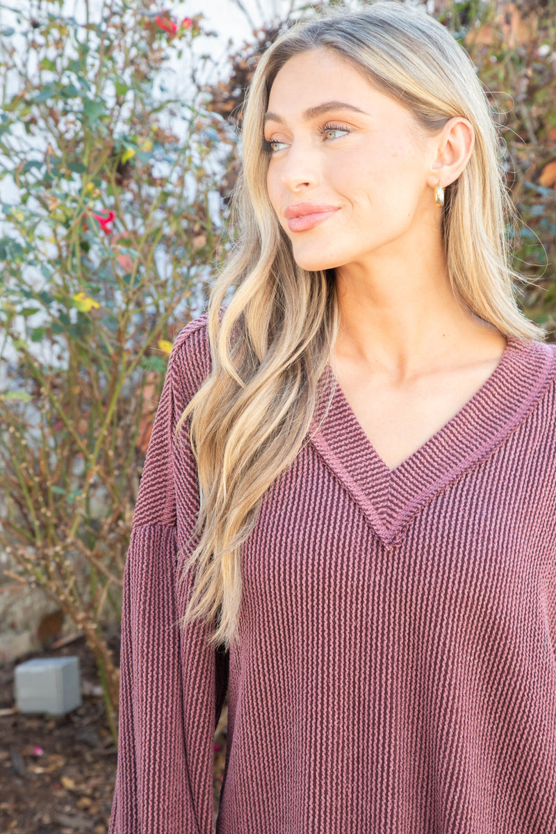 Kayley Two Tone Ribbed Top, Wine