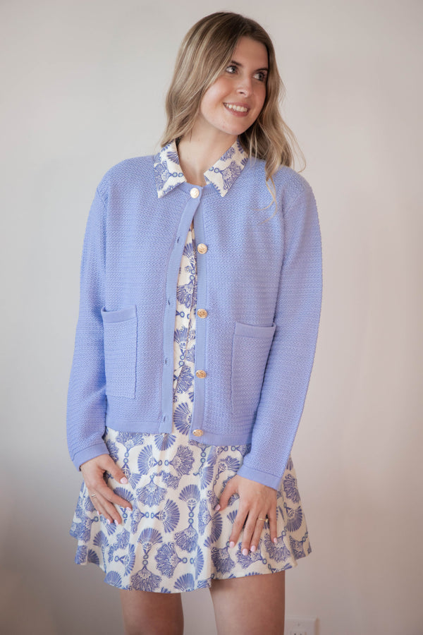 Uma Gold Button Down Cardigan, Light Blue