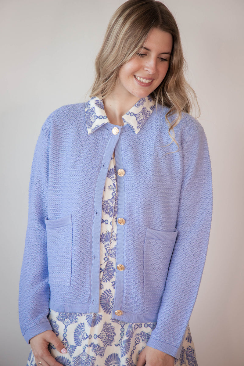 Uma Gold Button Down Cardigan, Light Blue