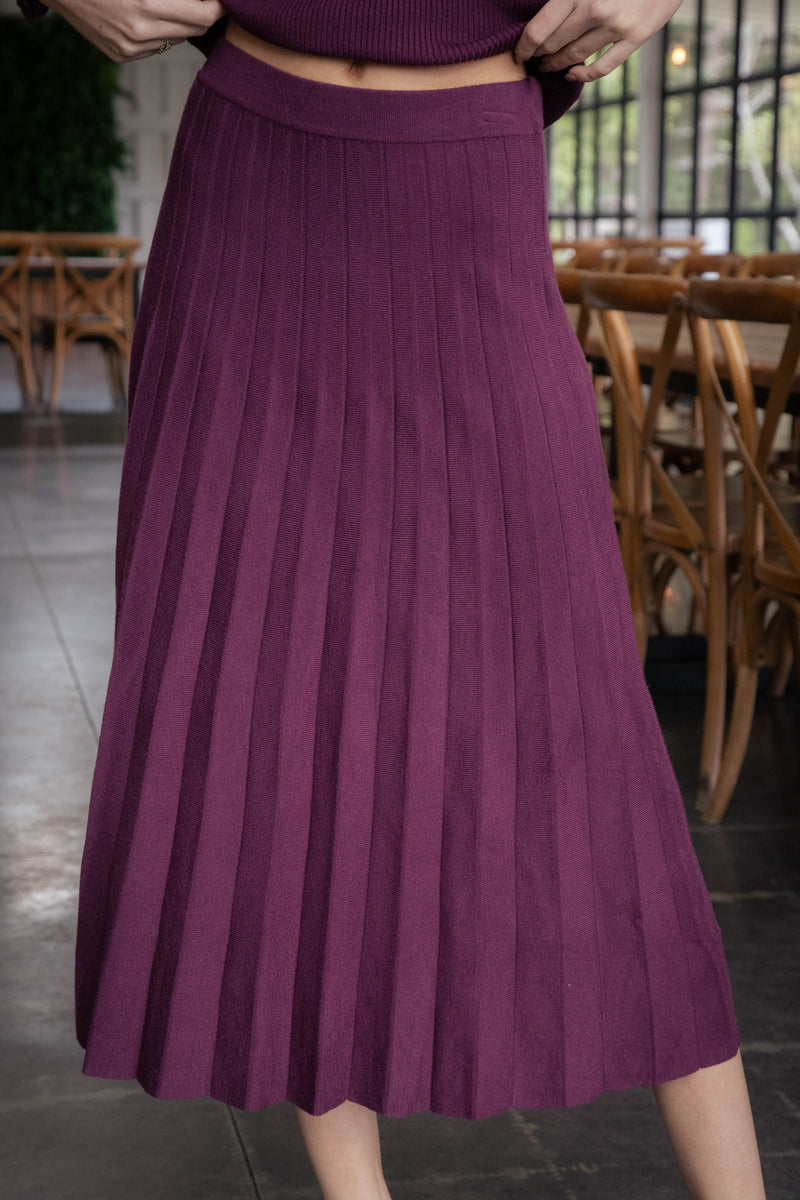 Marielle Pleated Knit Midi Skirt, Plum