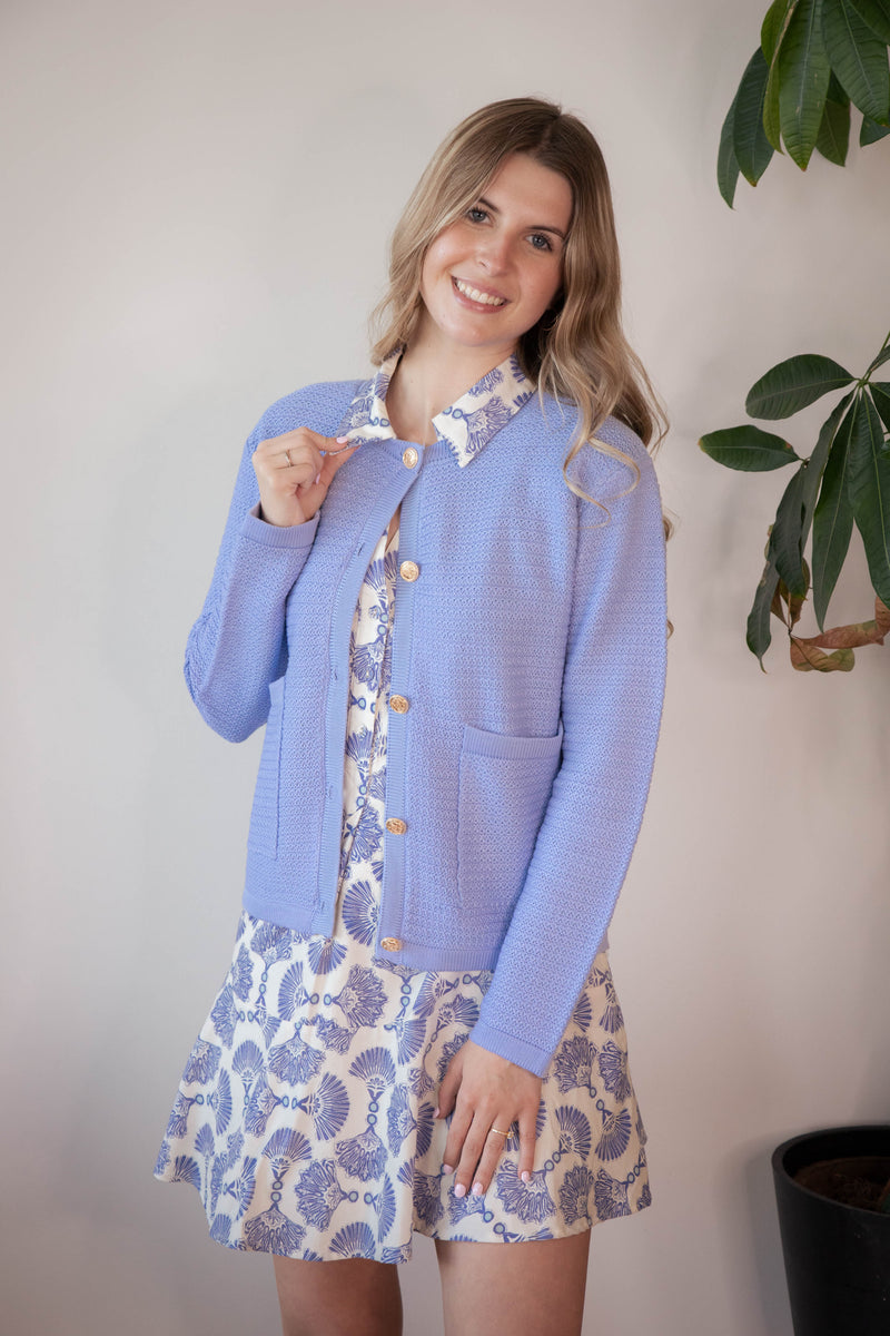 Uma Gold Button Down Cardigan, Light Blue