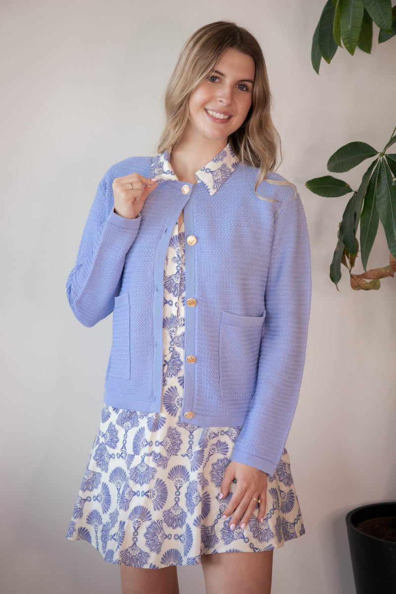 Uma Gold Button Down Cardigan, Light Blue