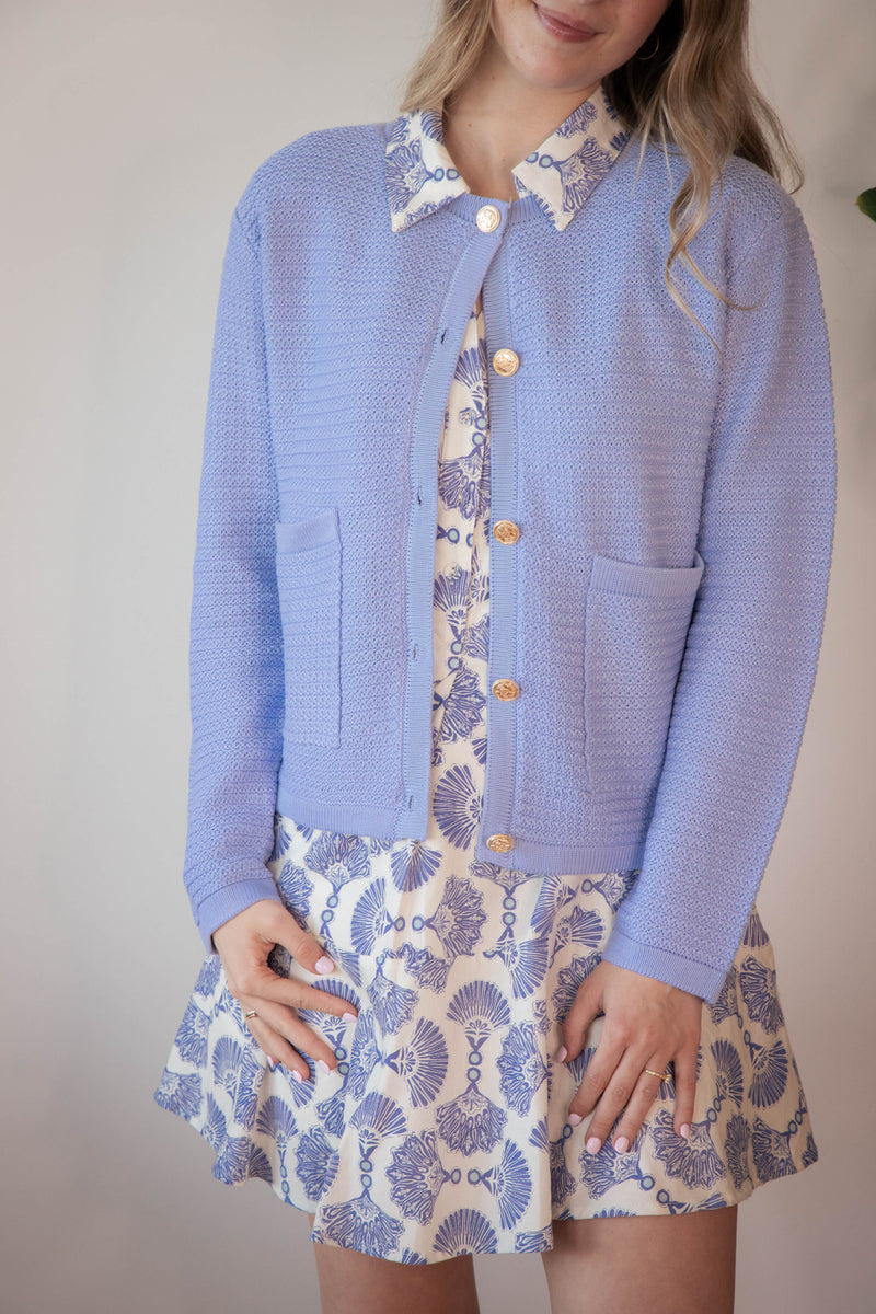 Uma Gold Button Down Cardigan, Light Blue