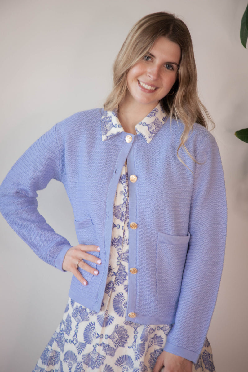 Uma Gold Button Down Cardigan, Light Blue