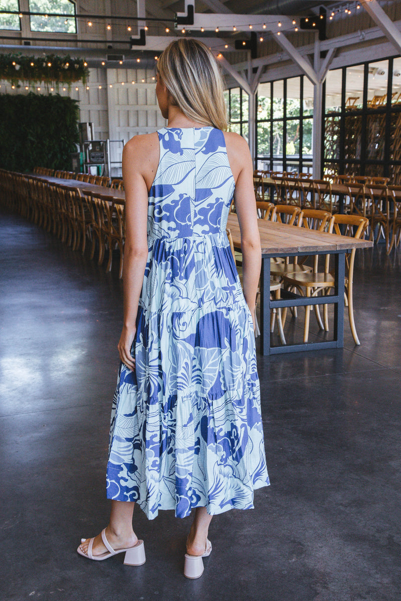 Athena Leaf Print Maxi Dress, Blue
