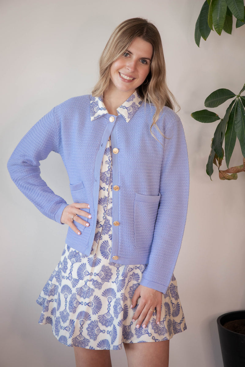 Uma Gold Button Down Cardigan, Light Blue