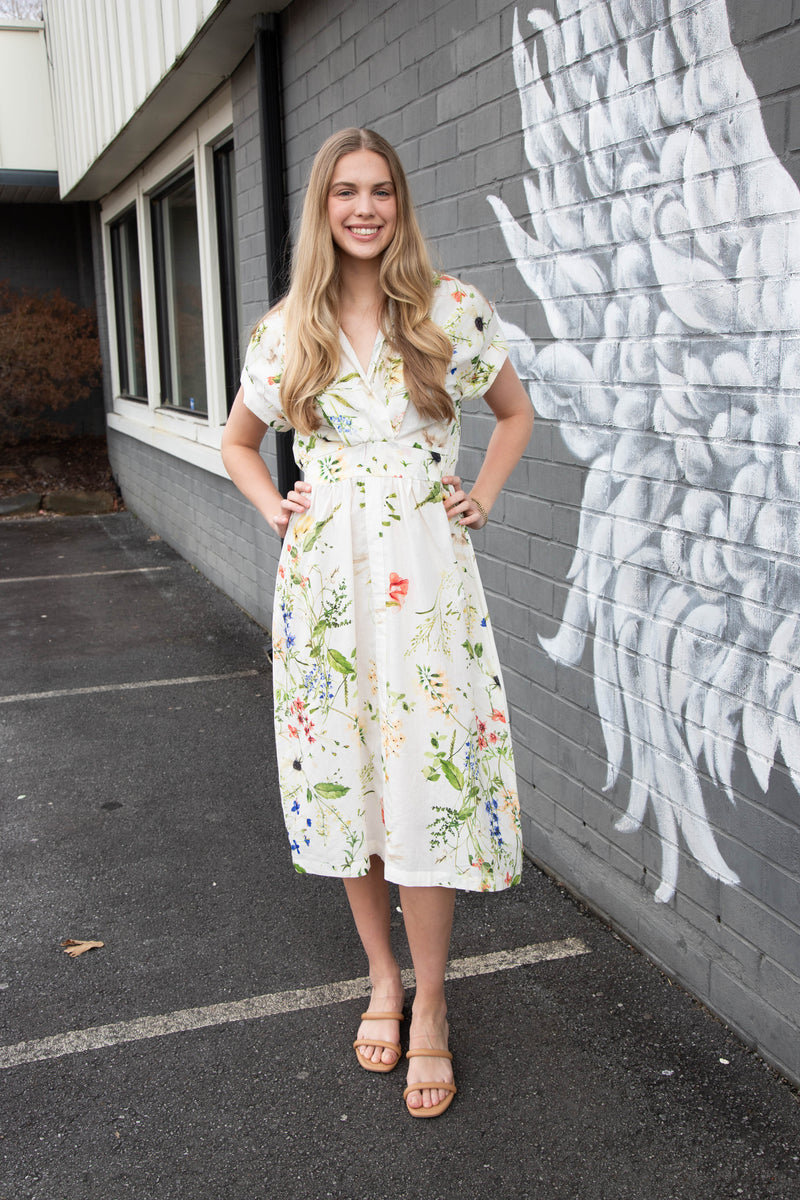 Adrienne Floral Print Midi Dress, Cream Mix