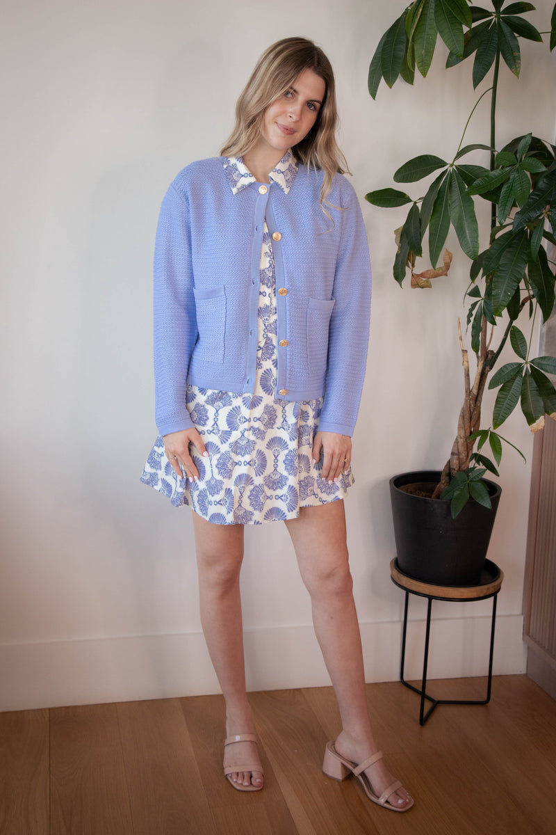 Uma Gold Button Down Cardigan, Light Blue