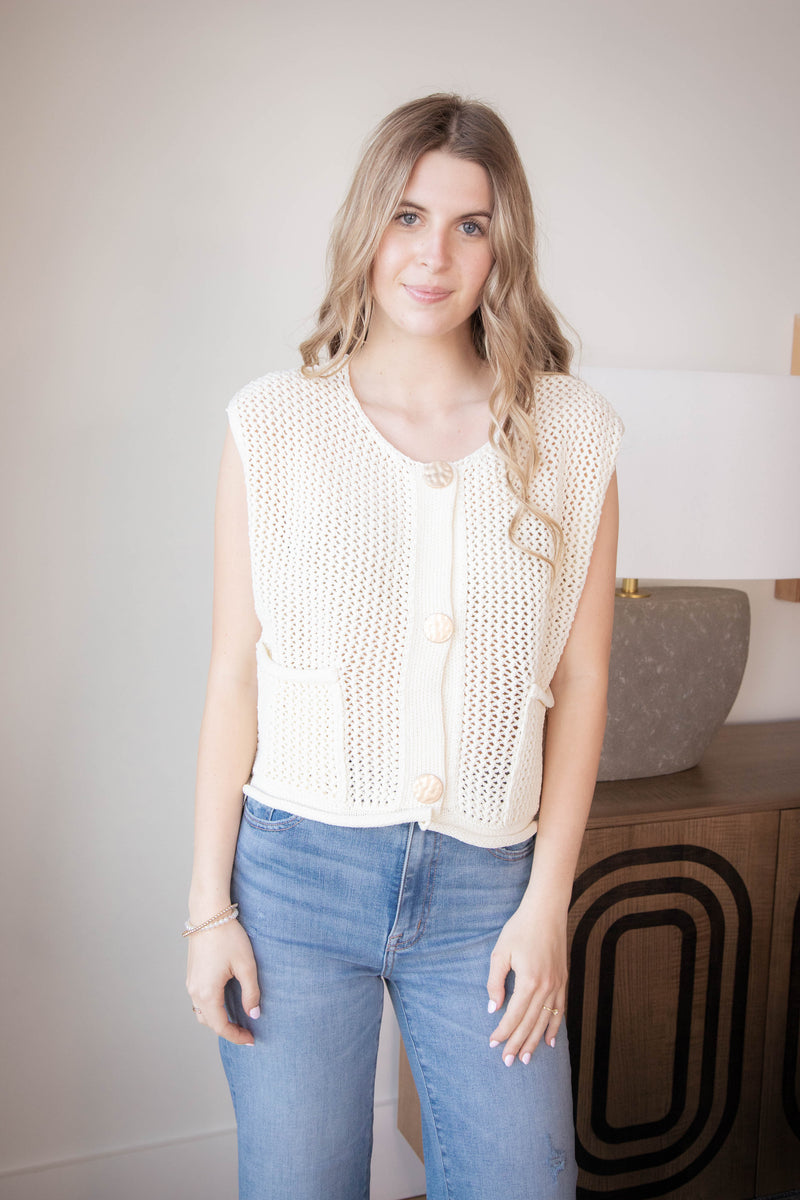 Tova Three Button Sweater Vest, Ecru