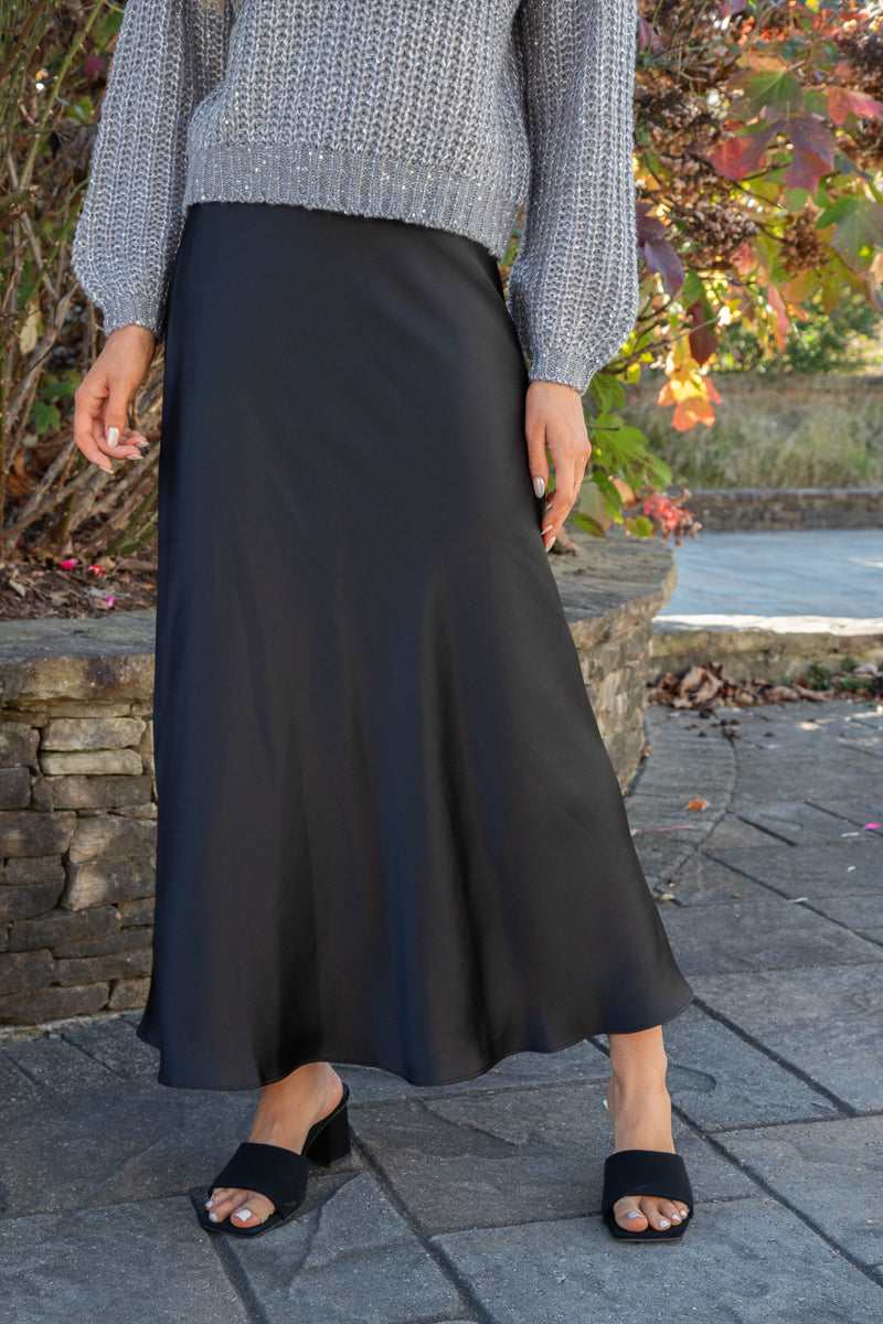 Jeannie Satin Maxi Skirt, Black | Steve Madden