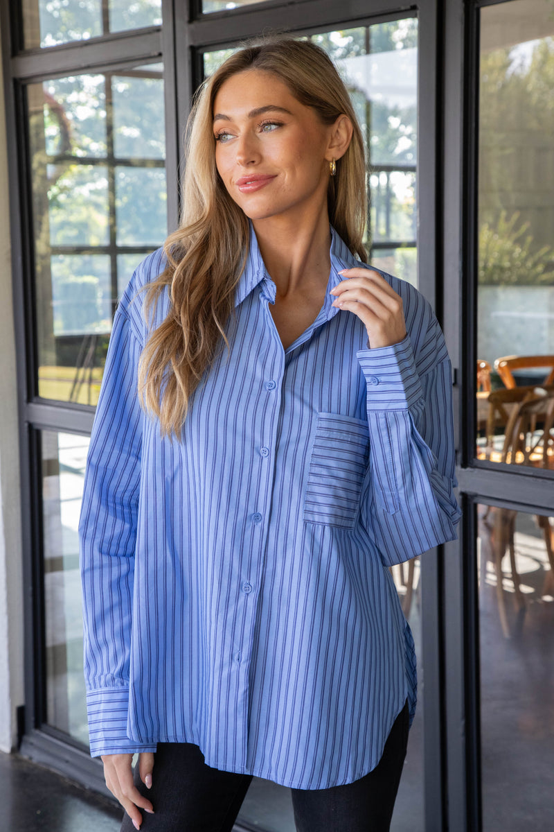 Ellen Pinstripe Button Down Shirt, Blue