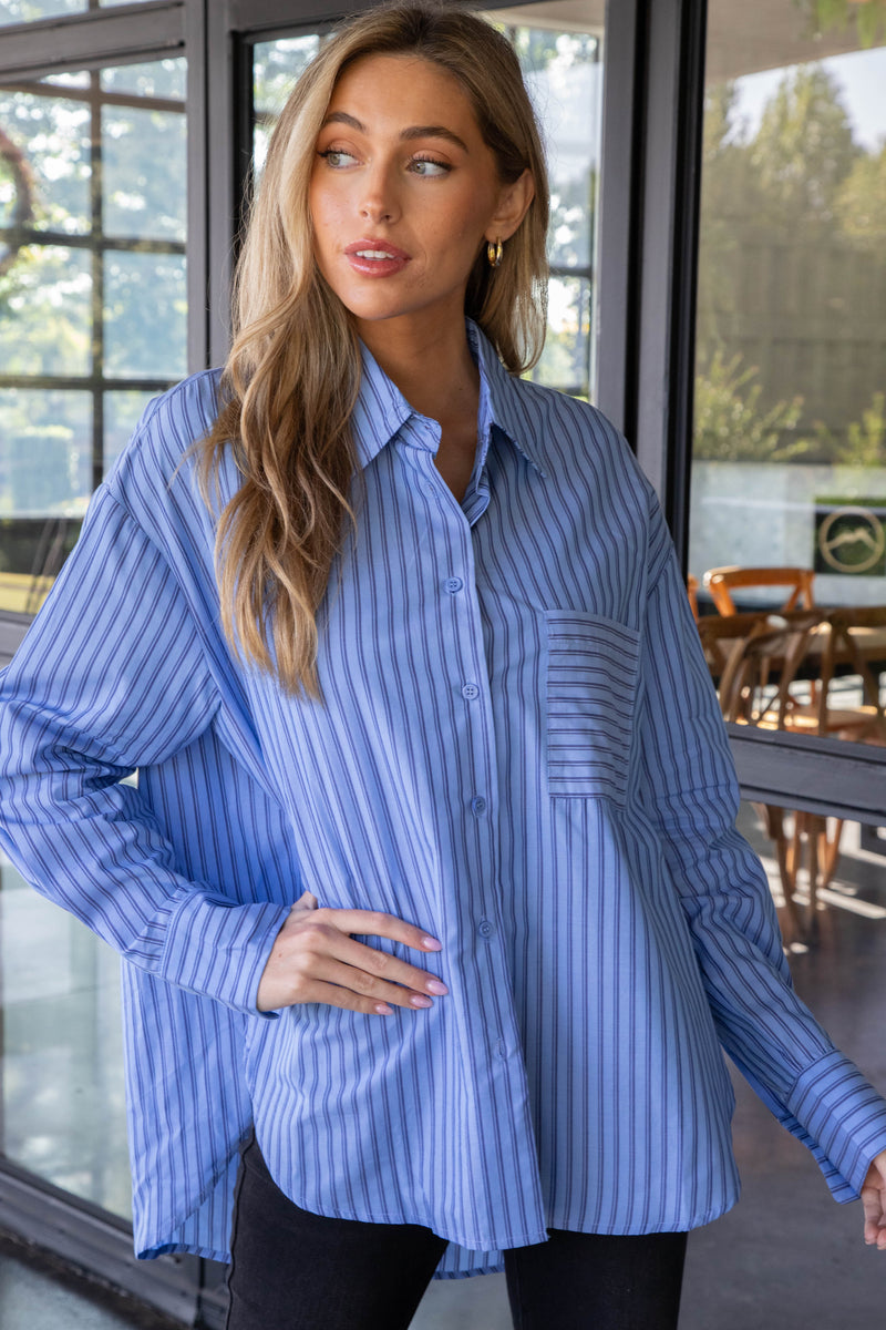 Ellen Pinstripe Button Down Shirt, Blue