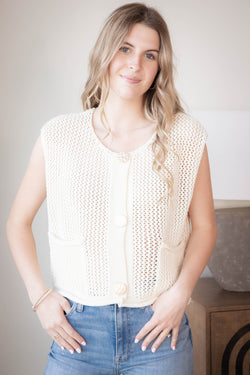 Tova Three Button Sweater Vest, Ecru