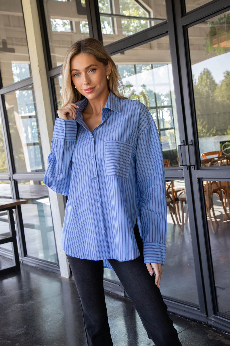 Ellen Pinstripe Button Down Shirt, Blue