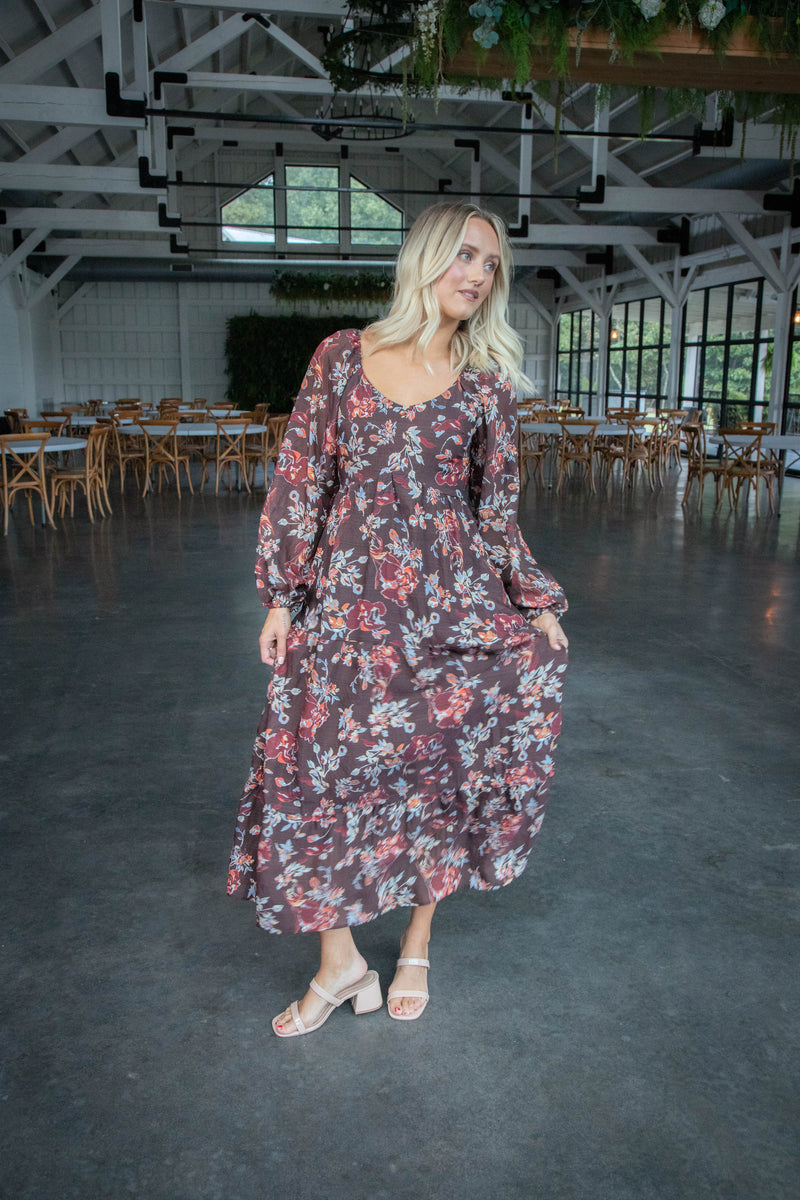 Joselyn V-Neck Floral Dress, Dark Brown Multi