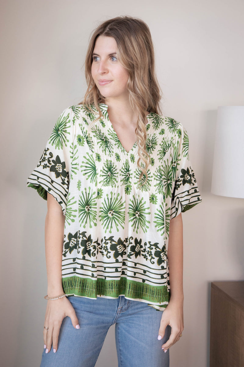 Deja Mixed Border Printed Top, Green