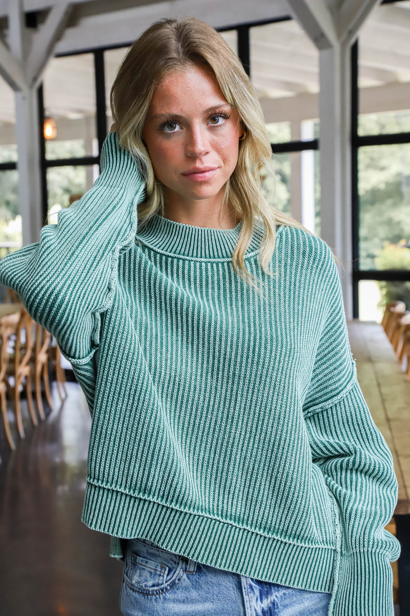 Marie Washed Crop Sweater, Dark Green