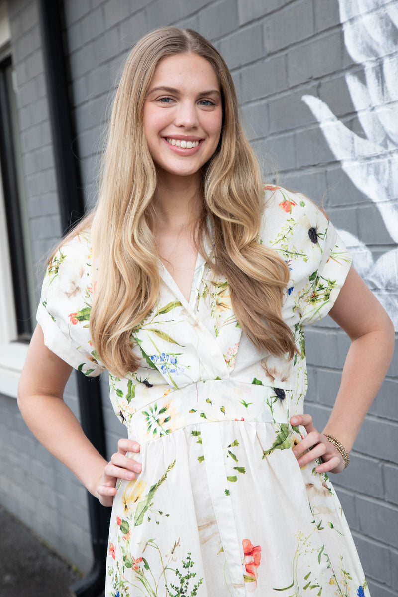 Adrienne Floral Print Midi Dress, Cream Mix