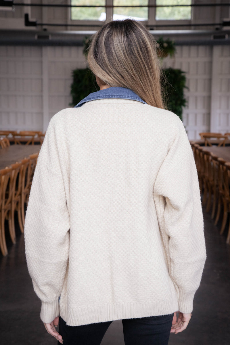 Cindy Denim & Sweater Contrast Jacket, Ivory/Denim