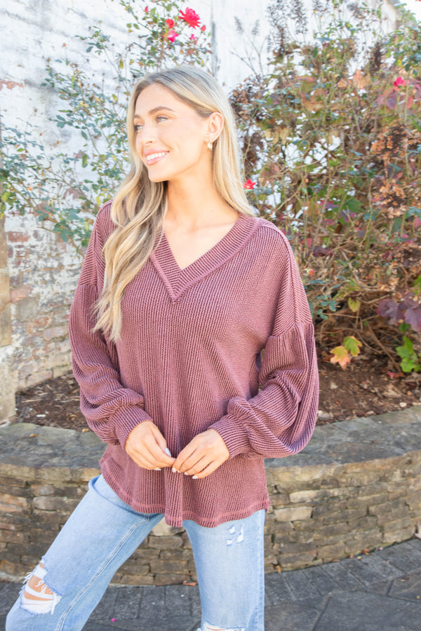 Kayley Two Tone Ribbed Top, Wine