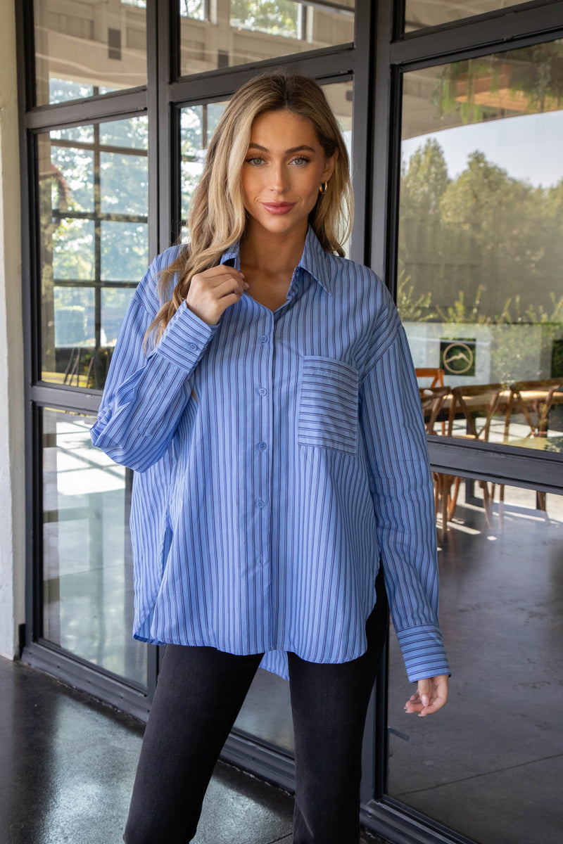 Ellen Pinstripe Button Down Shirt, Blue