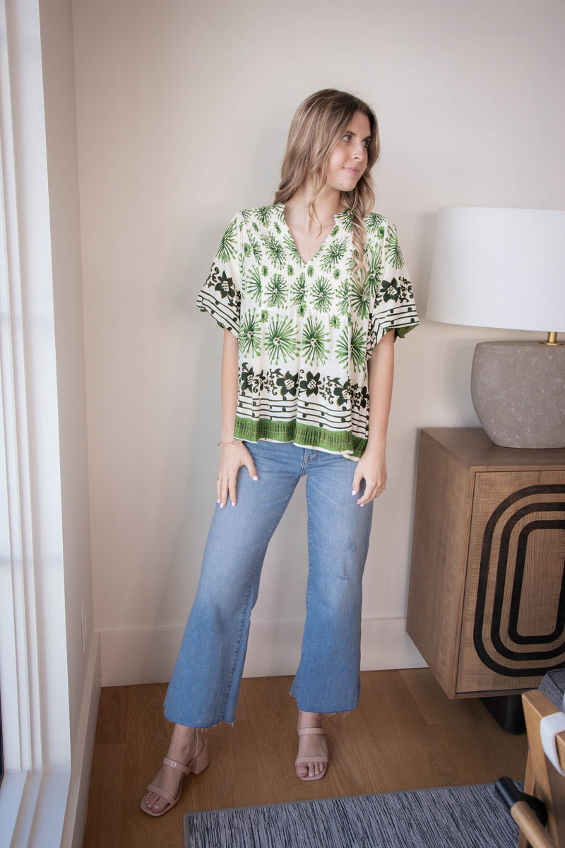 Deja Mixed Border Printed Top, Green