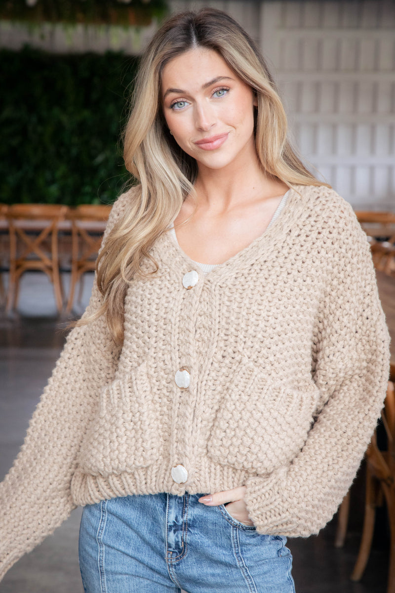 Vicky Chunky Knit Cardigan, Tan