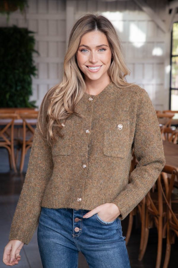 Delanie Button Detail Boucle Cardigan, Olive