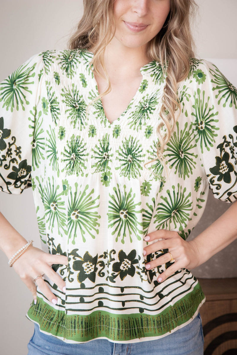 Deja Mixed Border Printed Top, Green