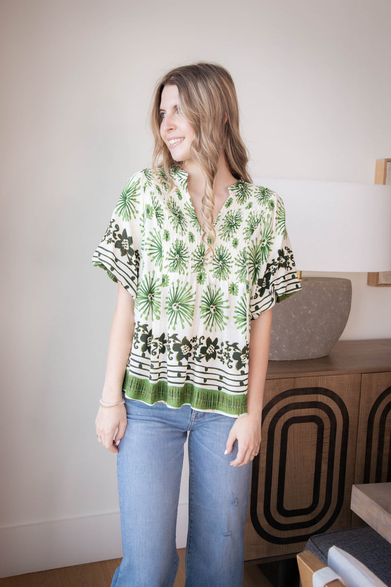 Deja Mixed Border Printed Top, Green