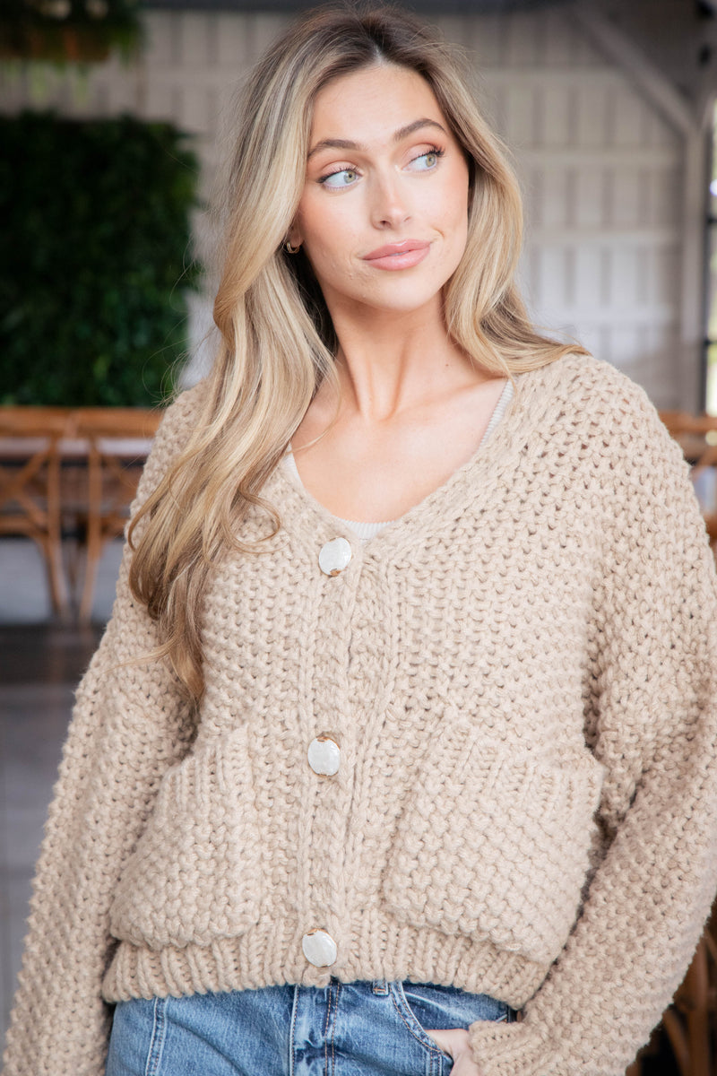 Vicky Chunky Knit Cardigan, Tan